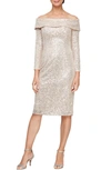 ALEX EVENINGS SEQUIN OFF THE SHOULDER LONG SLEEVE SHEATH DRESS