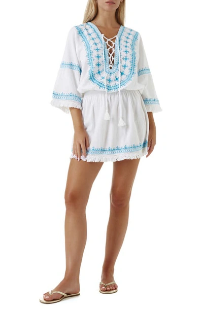 Melissa Odabash Martina Cotton And Linen Embroidered Minidress In White/aqua