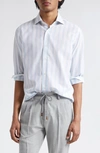 ELEVENTY STRIPE COTTON & LINEN BUTTON-UP SHIRT