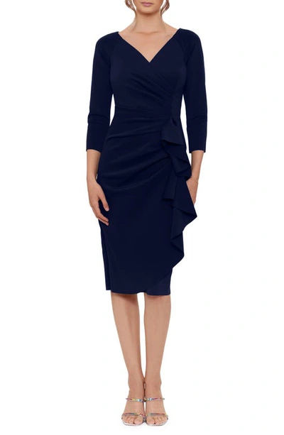 Xscape V-neck Side Ruffle Sheath Dress In Navy In Blue
