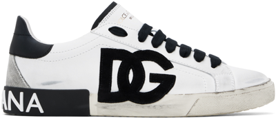 Dolce & Gabbana Portofino Vintage Calfskin Leather Sneakers In White_black