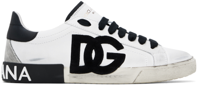 Dolce & Gabbana Portofino White And Black Low Top Sneakers With Logo Patch And Used Effect In Leather Man