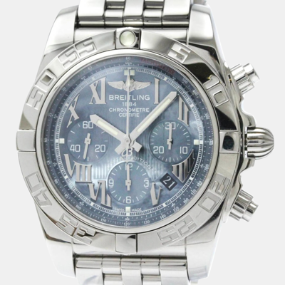 Pre-owned Breitling Blue Shell Stainless Steel Chronomat Ab0110 Automatic Men's Wristwatch 44 Mm