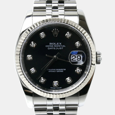 Pre-owned Rolex Black 18k White Gold Stainless Steel Diamond Datejust 116234 Automatic Men's Wristwatch 36 Mm