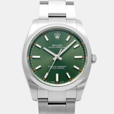 Pre-owned Rolex Green Stainless Steel Oyster Perpetual 114200 Automatic Men's Wristwatch 34 Mm