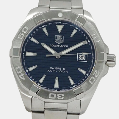 Pre-owned Tag Heuer Blue Stainless Steel Aquaracer Way2112 Automatic Men's Wristwatch 41 Mm