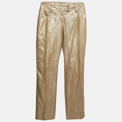 Pre-owned Dior Christian  Boutique Gold Printed Leather Straight Pants M