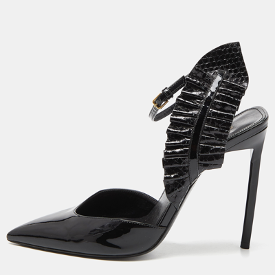 Pre-owned Saint Laurent Black Patent Leather And Watersnake Leather Pointed Toe Slingback Sandals Size 39