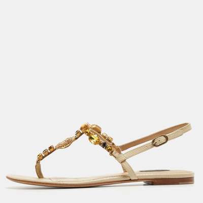 Pre-owned Dolce & Gabbana Beige Textured Leather Crystal Embellished Thong Flat Sandals Size 39.5
