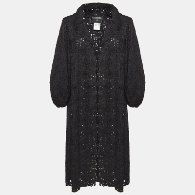 Pre-owned Chanel Black Silk Crochet Pattern Long Coat M