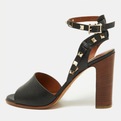 Pre-owned Valentino Garavani Black Leather Rockstud Ankle Strap Sandals Size 40