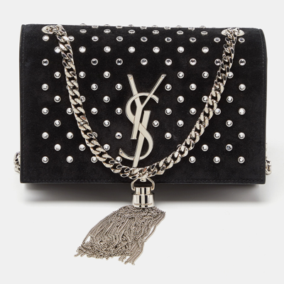 Pre-owned Saint Laurent Black Suede Small Monogram Kate Tassel Shoulder Bag