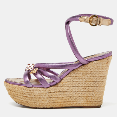Pre-owned Louis Vuitton Metallic Purple Leather Espadrille Wedge Platform Ankle Strap Sandals Size 36