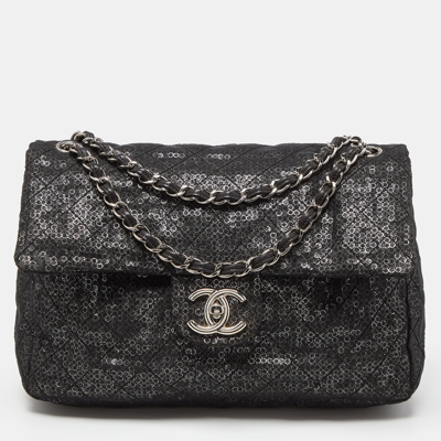 Pre-owned Chanel Black Mesh And Sequins Jumbo Classic Flap Bag