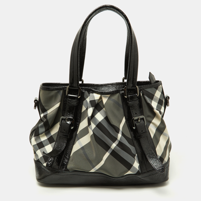 Pre-owned Burberry Black/grey Beat Check Nylon And Patent Leather Lowry Tote