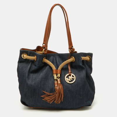 Pre-owned Michael Michael Kors Navy Blue/brown Denim And Leather Marina Drawstring Bucket Bag