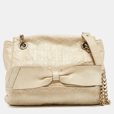 Pre-owned Ch Carolina Herrera Beige Monogram Embossed Leather Audrey Shoulder Bag