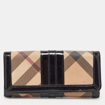 Pre-owned Burberry Black Novacheck Canvas And Patent Leather Penrose Continental Wallet In Beige