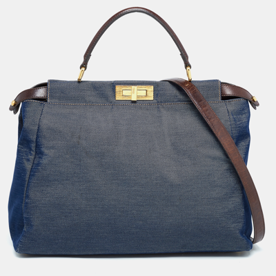 Pre-owned Fendi Blue/brown Denim And Leather Large Peekaboo Top Handle Bag