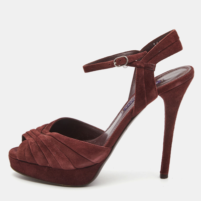 Pre-owned Ralph Lauren Burgundy Suede Peep Toe Platform Ankle Strap Sandals Size 40