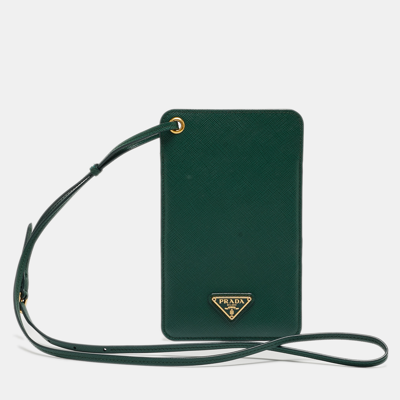 Pre-owned Prada Green Saffiano Leather Phone Strap Case