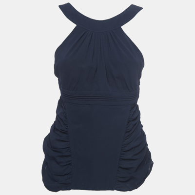 Pre-owned Versace Navy Blue Silk Ruched Strappy Top L