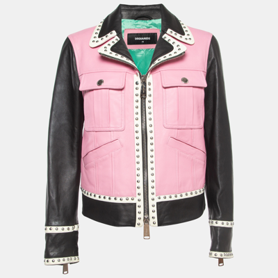 Pre-owned Dsquared2 Pink Colourblocked Leather Studded Jacket M