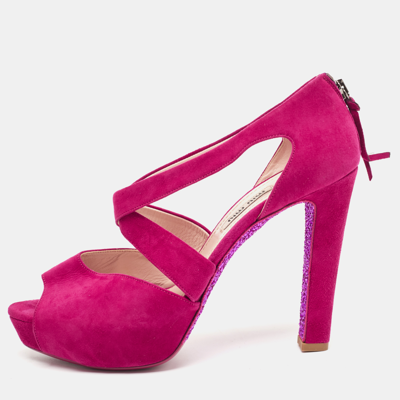 Pre-owned Miu Miu Pink Suede Platform Ankle-strap Sandals Size 39
