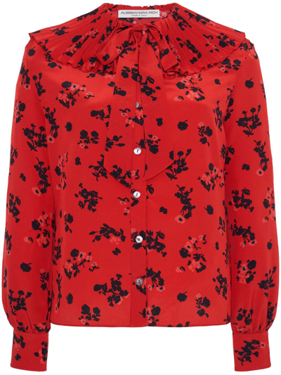 Alessandra Rich Floral-print Silk Blouse In Red