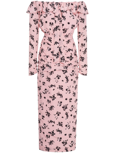 Alessandra Rich Off-the-shoulder Ruffled Floral-print Silk Crepe De Chine Midi Dress In Pink
