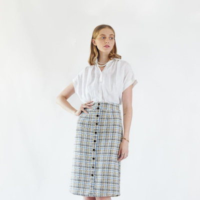 Le Réussi Luxe Plaid Tweed Pencil Skirt In White