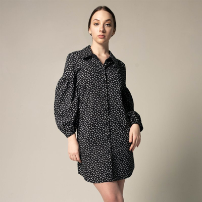 Le Réussi The Black Floral Shirt Dress In Italian Cotton With Oversized Sleeves