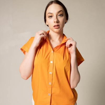 Le Réussi Yellow / Orange Women's Gather Collar Shirt In Orange