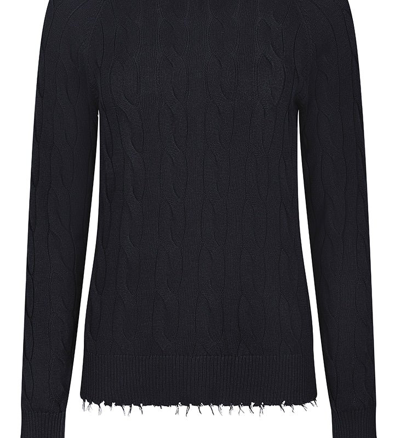 Minnie Rose Cotton Cable Long Sleeve Crew With Frayed Edges Sweater In Black