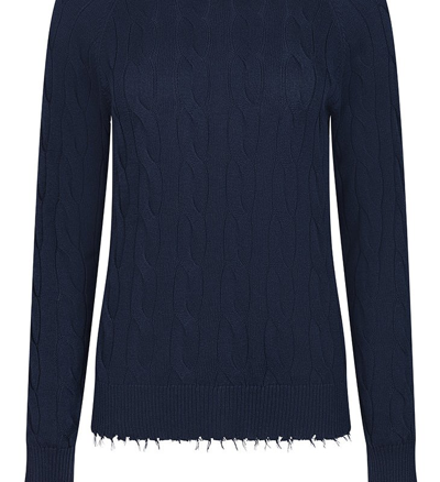 Minnie Rose Cotton Cable Long Sleeve Crew With Frayed Edges Sweater In Blue