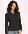 MINNIE ROSE COTTON CABLE LONG SLEEVE V-NECK WITH FRAYED EDGES