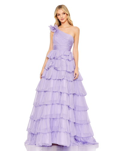 Mac Duggal One Shoulder Ruffle Tiered Ballgown In Lilac