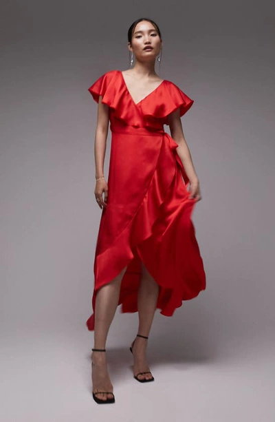 Topshop Ruffle Wrap Midi Dress In Dark Red