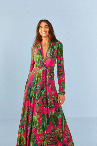 Farm Rio Pink Leaves Maxi Dress In Leaves Pink