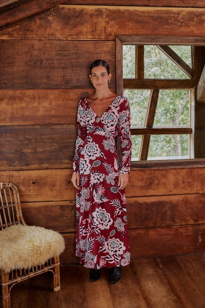 Farm Rio Pineapple Inspiration Gathered Dress In Pineapple Inspiration Burgundy