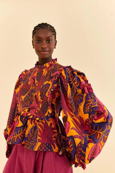 Farm Rio Yellow Fruit Dream Long Sleeve Blouse In Multi