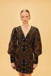 Farm Rio Embroidered Corduroy Puff Sleeve Mini Dress In Embroidered Corduroy
