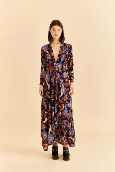 Farm Rio Blue Nature Beauty Long Sleeve Maxi Dress In Nature Beauty Blue