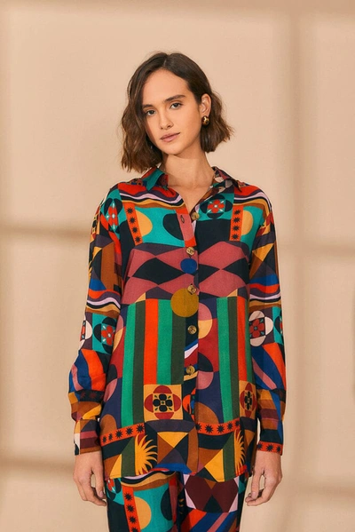 Farm Rio Multicolor Tropical Shapes Long Sleeve Shirt In Tropical Shapes Multicolor