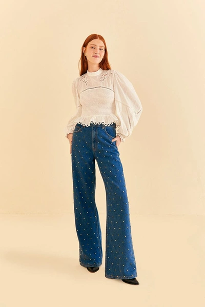 Farm Rio Beaded Wide-leg Jeans In Denim