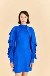 Farm Rio Backless Ruffledsleeve Mini Dress In Bright Blue In Blue