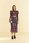 Farm Rio Blue Nature Beauty Scarf Knit Midi Skirt In Nature Beauty Blue