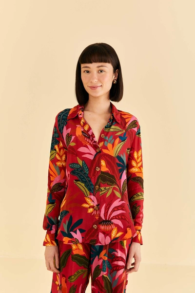 Farm Rio Red Rooster Leaves Long Sleeve Shirt In Rooster Leaves Red