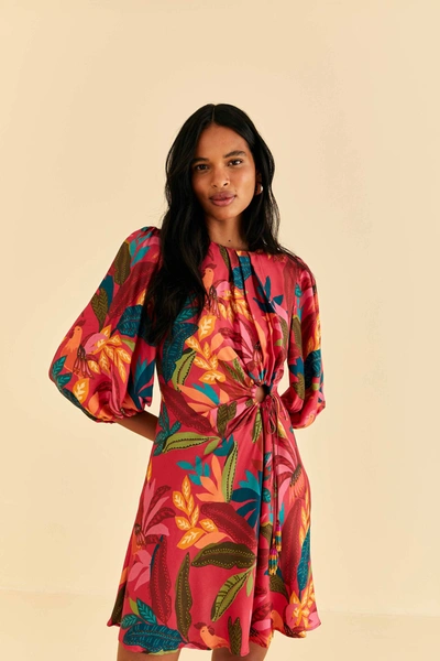 Farm Rio Red Rooster Leaves Long Sleeve Mini Dress In Rooster Leaves Red