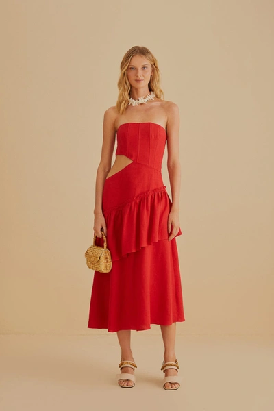 Farm Rio Red Cut Out Strapless Midi Dress In Hot Red